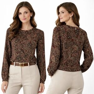 PENDLETON Blouse Womens Petite 12 Burgundy Paisley Vintage Old Money Classic